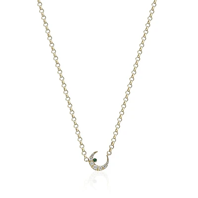 “Celeste“ Small White Diamond and Emerald Crescent Moon Necklace