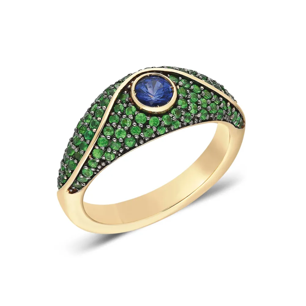 “Acu“ Pav“ Pinky Ring - Tsavorites and Blue Sapphire