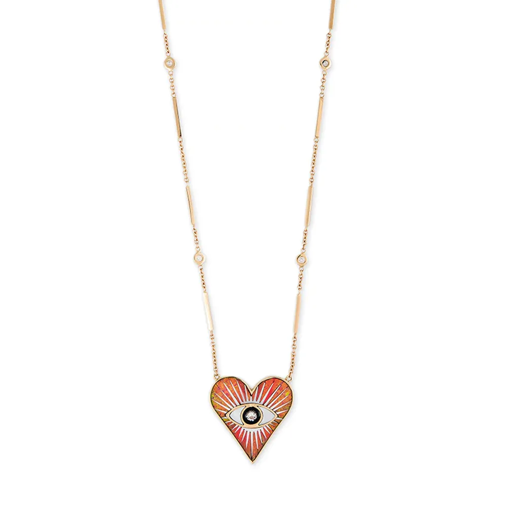 Orange Opal Inlay Eye Burst Heart Necklace