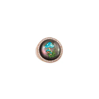 Pave Hand Painted Mushroom on Mother of Pearl Signet Ring
