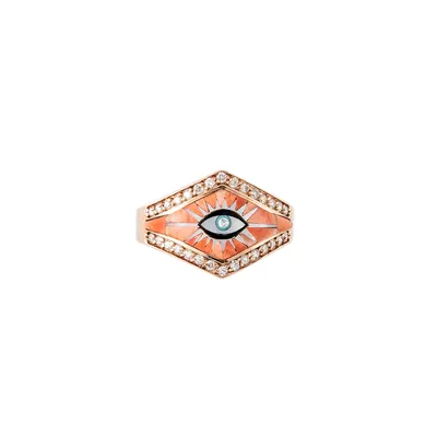 Pave Diamond Spiny Oyster and Pearl Eye Burst Inlay V Ring