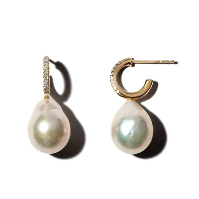 Diamond Hoops with Large Pearl Drop
