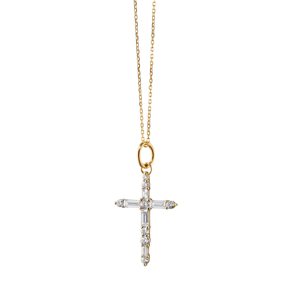 Cross Charm Yellow Gold with Diamond Baguettes Necklace Length 17"