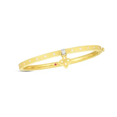 Princess Flower Yellow Gold with Diamond Accents Narrow Bangle Bracelet