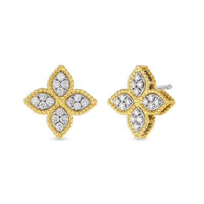 Princess Flower Two-Tone Small Diamond Stud Earrings