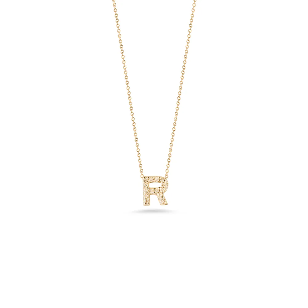 Tiny Treasures Yellow Gold Diamond Love Letter R Necklace Length 16" adjustable to 18"