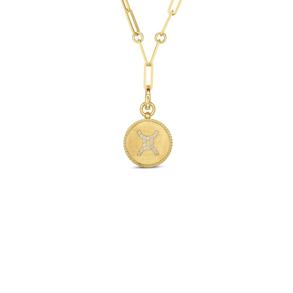 Zodiac Gemini Yellow Gold with Diamond Accents Medallion Necklace Length 19"