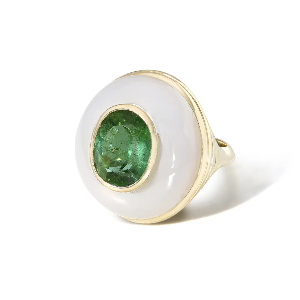 One of a Kind Lollipop Ring- Green Tourmaline in Chalcedony