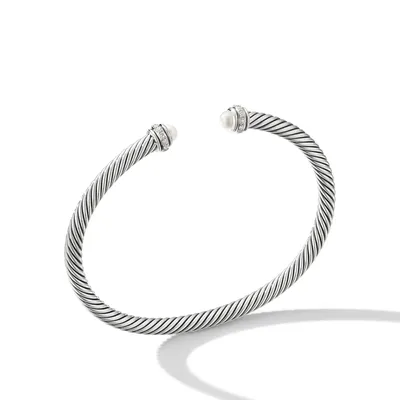 Classic Cable Bracelet in Sterling Silver with Pearls and Diamonds, 4mm