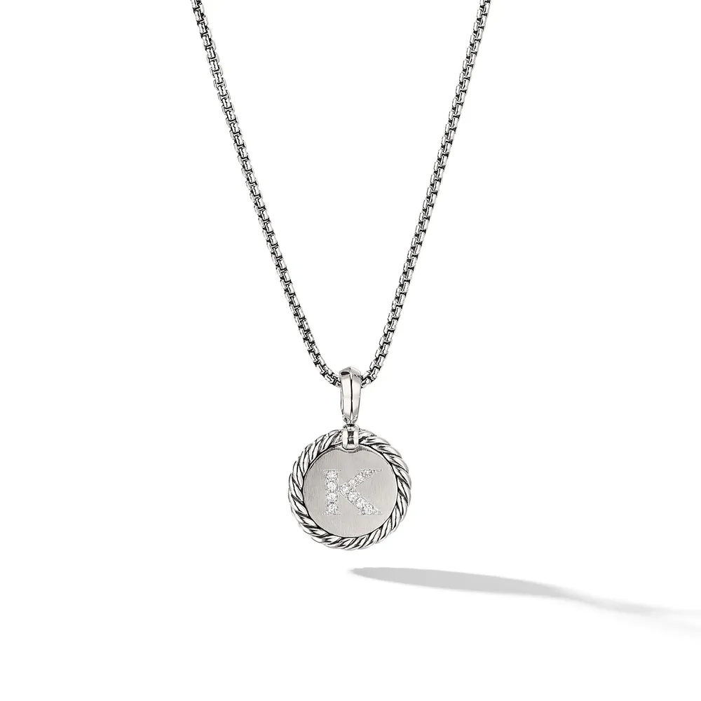 K Initial Charm Necklace in Sterling Silver with Pavé Diamonds