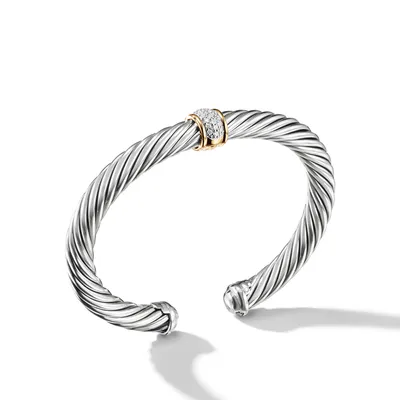 Cable Classics Bracelet in Sterling Silver with Pavé Diamond Station and 18K Yellow Gold