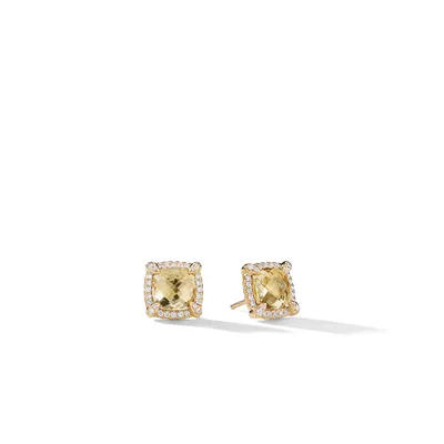 Chatelaine Pavé Bezel Stud Earrings in 18K Yellow Gold with Champagne Citrine and Diamonds, 8mm