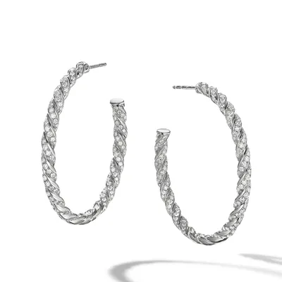 Sculpted Cable Flex Hoop Earrings in 18K White Gold with Diamonds