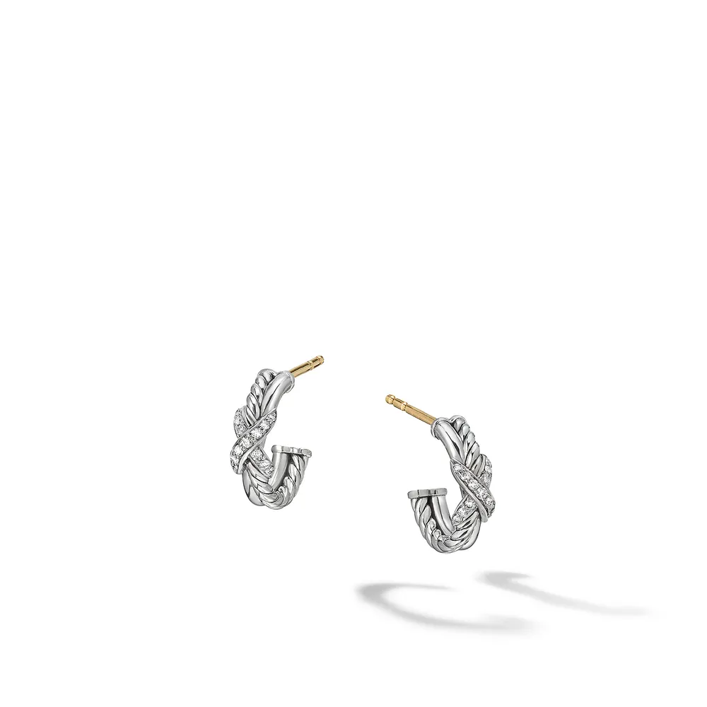 Petite X Hoop Earrings in Sterling Silver with Pavé Diamonds