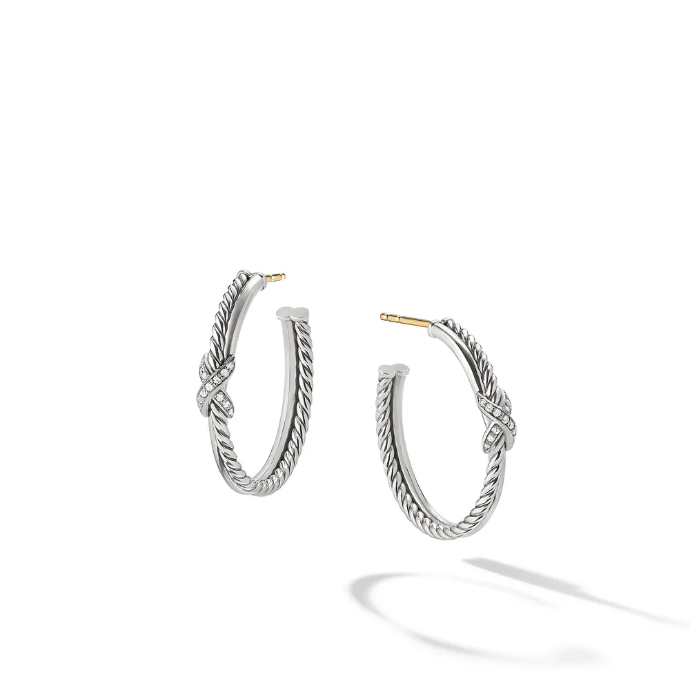 Petite X Hoop Earrings in Sterling Silver with Pavé Diamonds