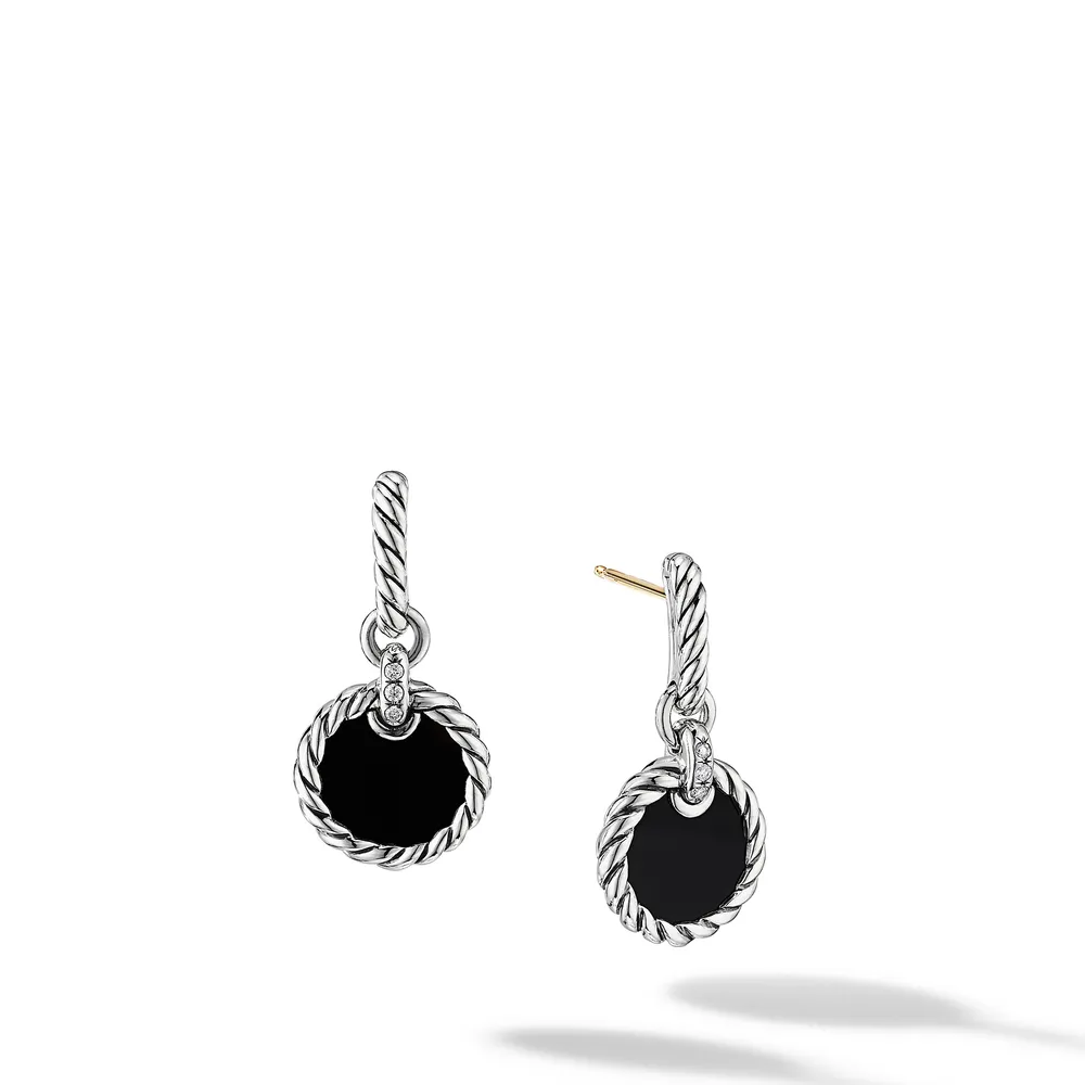 DY Elements Drop Earrings in Sterling Silver with Black Onyx and Diamonds, 25mm