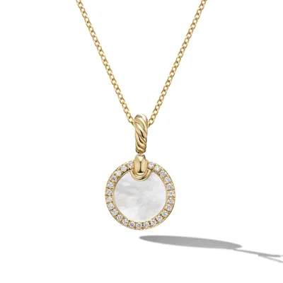 Petite DY Elements Pendant Necklace in 18K Yellow Gold with Mother of Pearl and Diamonds, 17.8mm