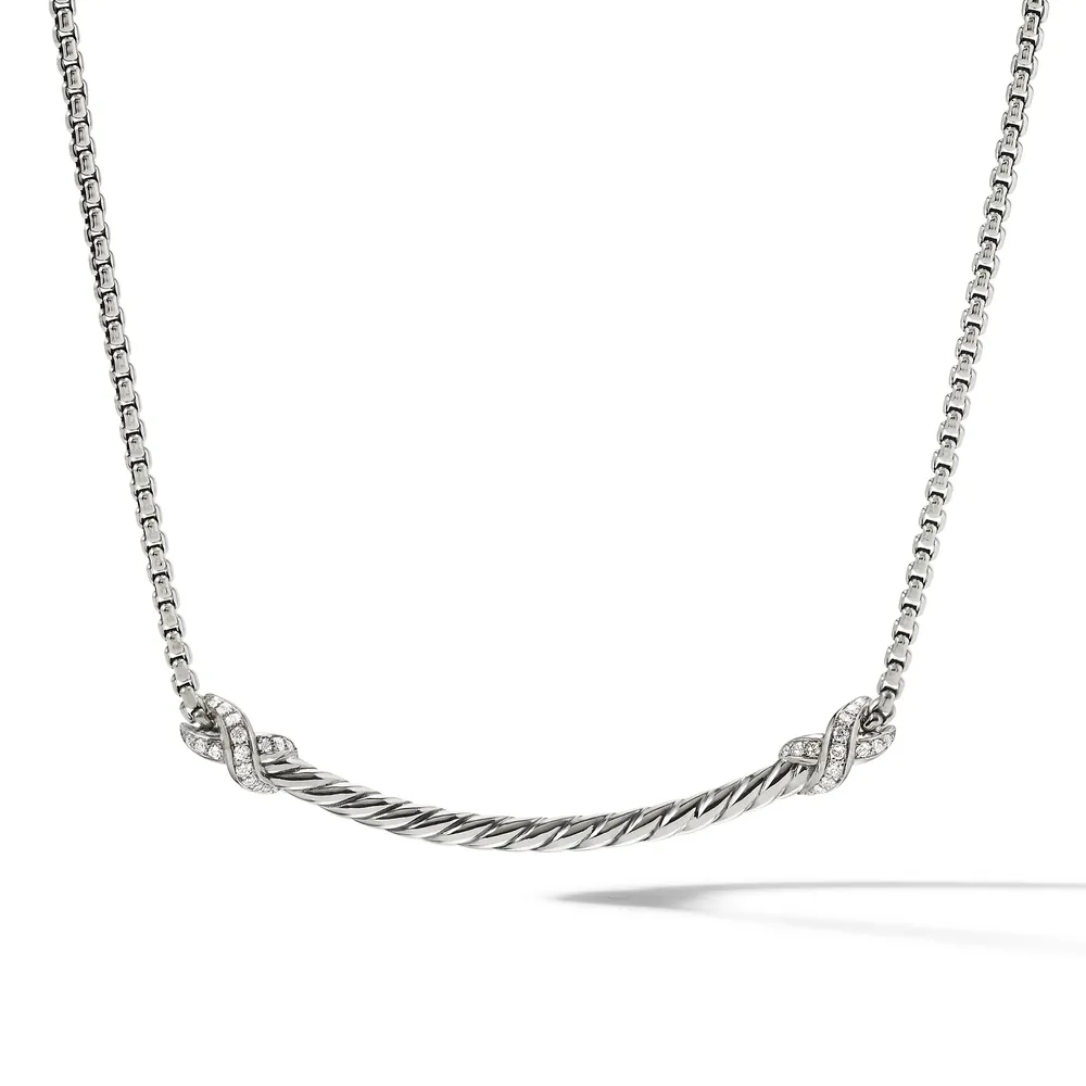 Petite X Bar Station Necklace in Sterling Silver with Pavé Diamonds