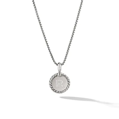 R Initial Charm Necklace in Sterling Silver with Pavé Diamonds