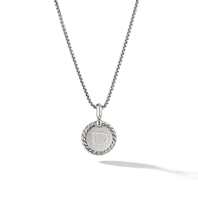 D Initial Charm Necklace in Sterling Silver with Pavé Diamonds