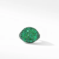 Chevron Pinky Ring in 18K White Gold with Pavé Emeralds, 13mm