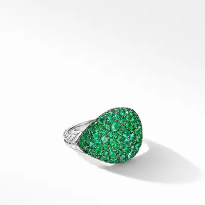 Chevron Pinky Ring in 18K White Gold with Pavé Emeralds, 13mm