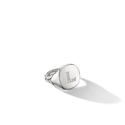 DY L Initial Pinky Ring in Sterling Silver with Pavé Diamonds