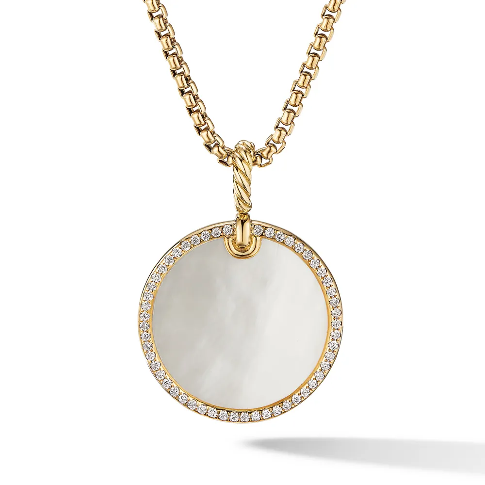 DY Elements® Disc Pendant in 18K Yellow Gold with Mother of Pearl and Pavé Diamond Rim