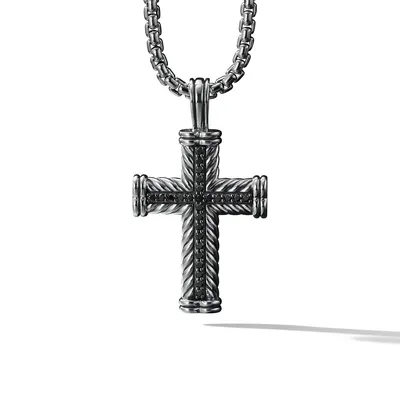 Chevron Cross Pendant in Sterling Silver with Pavé Black Diamonds