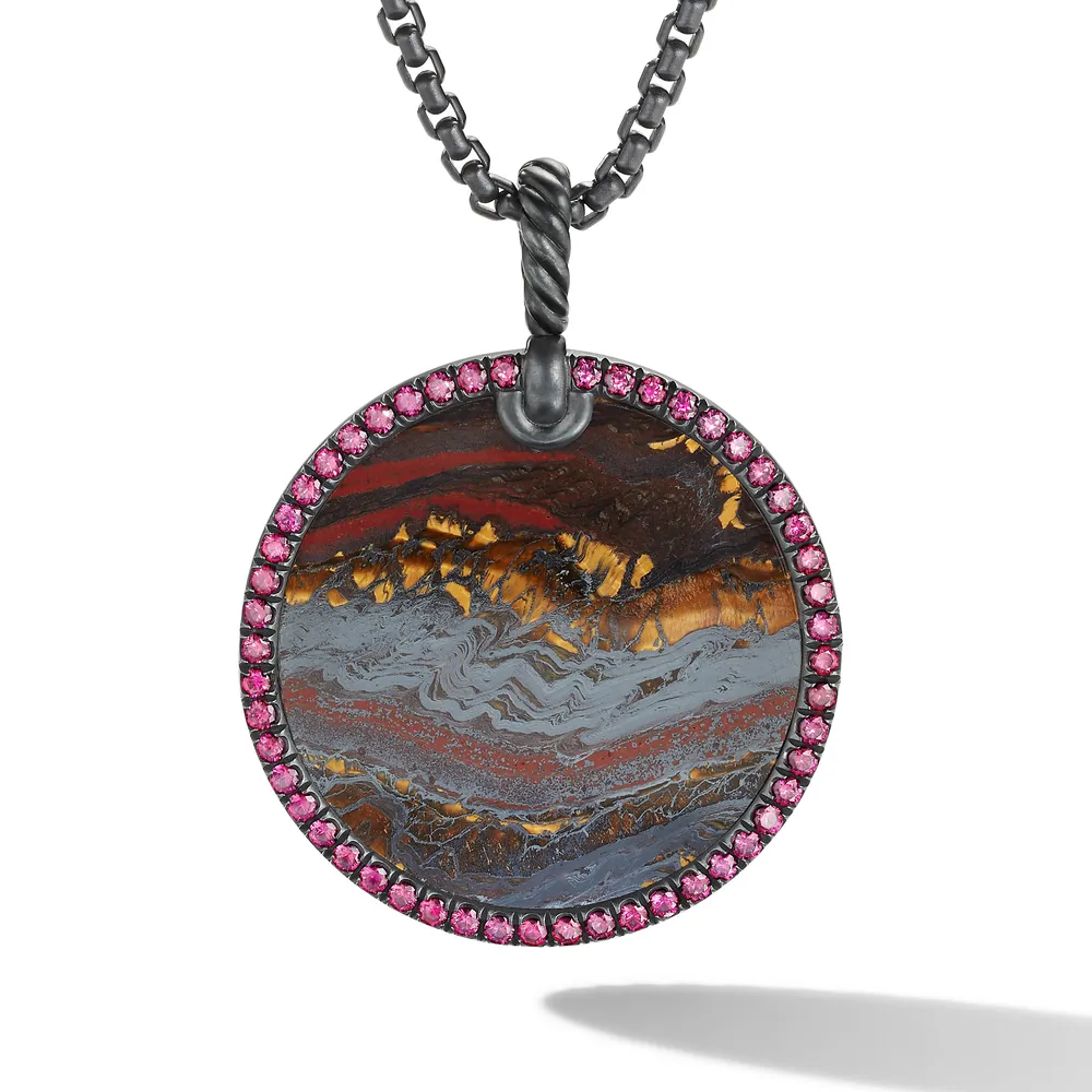 Limited DY Elements Disc Pendant in Blackened Silver with Tiger Iron and Pavé Purple Rubies, 32mm