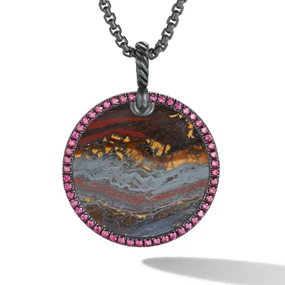 Limited DY Elements® Disc Pendant in Blackened Silver with Tiger Iron and Pavé Purple Rubies