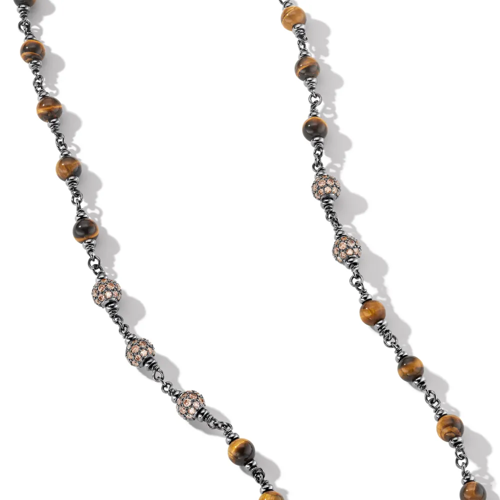 Spiritual Beads Rosary Necklace in Sterling Silver with Tigers Eye and Pavé Cognac Diamonds