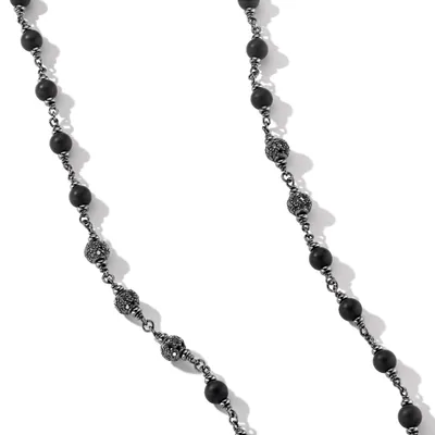 Spiritual Beads Rosary Necklace in Sterling Silver with Black Onyx and Pavé Black Diamonds