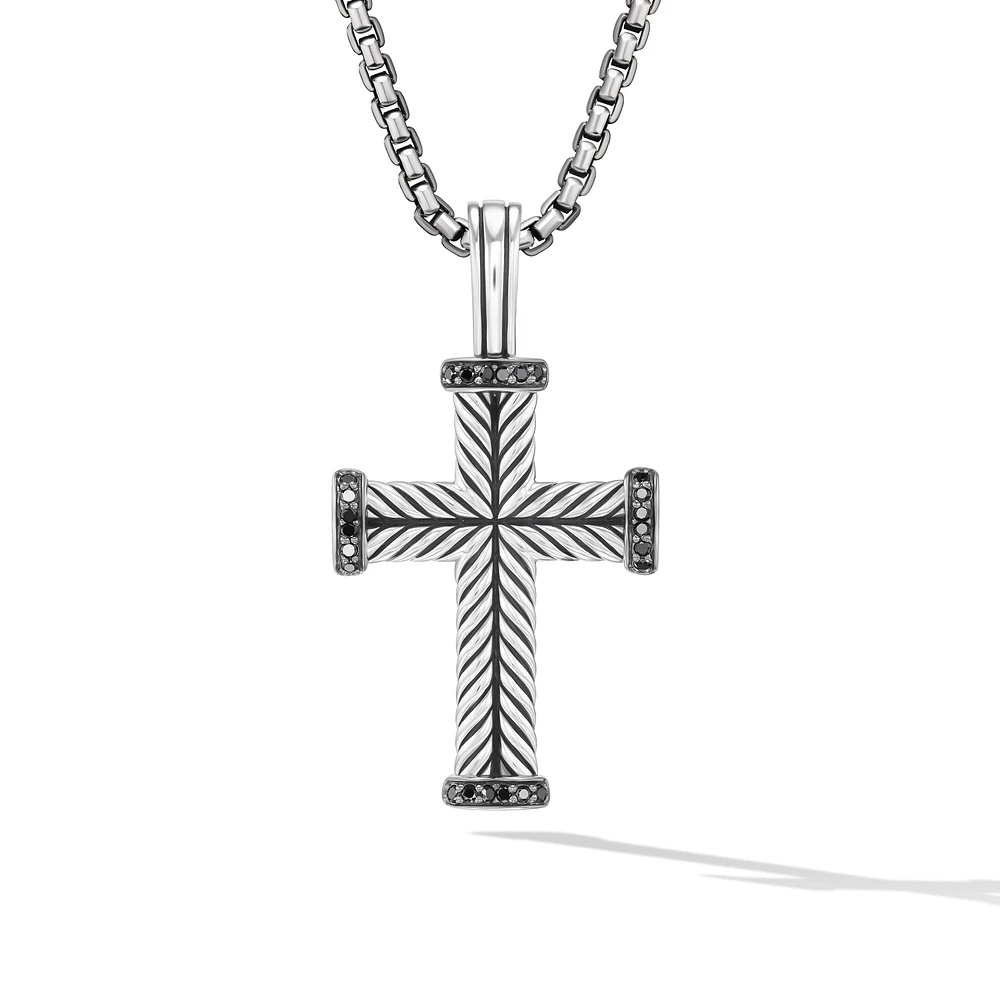 Chevron Cross Pendant in Sterling Silver with Black Diamonds, 33.5mm