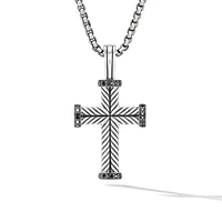 Chevron Cross Pendant in Sterling Silver with Black Diamonds, 33.5mm