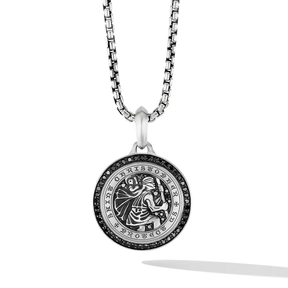 St. Christopher Amulet in Sterling Silver with Pavé Black Diamonds