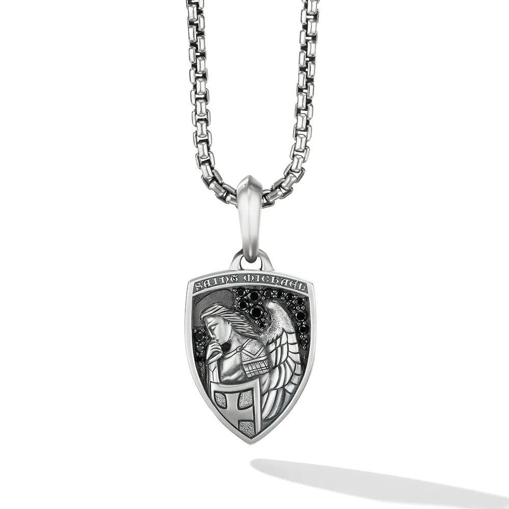 St. Michael Amulet in Sterling Silver with Pavé Black Diamonds