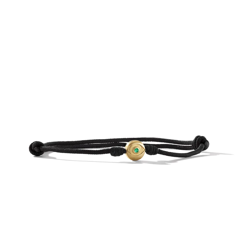 Evil Eye Black Cord Bracelet with 18K Yellow Gold and Emerald