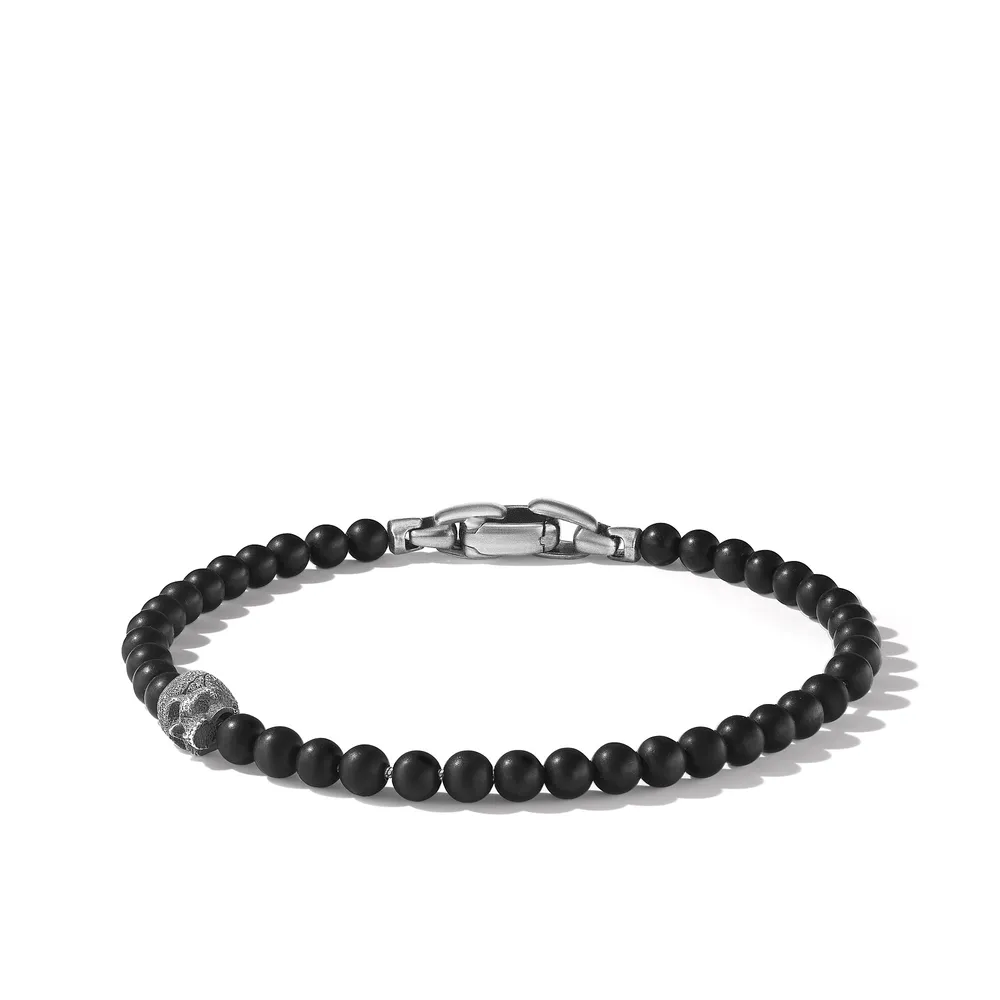 Memento Mori Skull Station Bracelet in Sterling Silver with Black Onyx