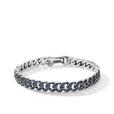 Curb Chain Bracelet in Sterling Silver with Pavé Sapphires