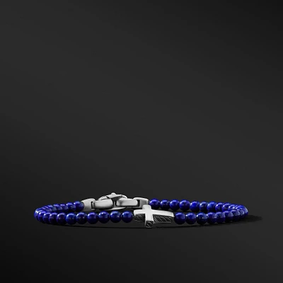 Spiritual Beads Cross Station Bracelet in Sterling Silver with Lapis, 4mm