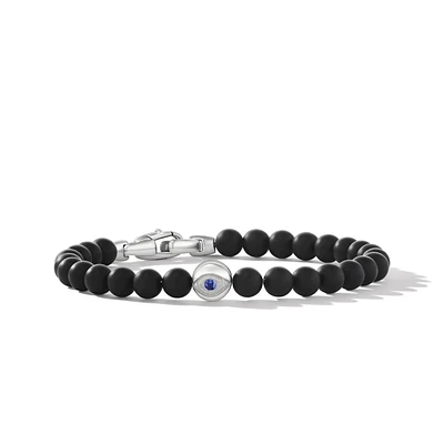 Spiritual Beads Evil Eye Bracelet in Sterling Silver with Black Onyx and Sapphire, 6mm