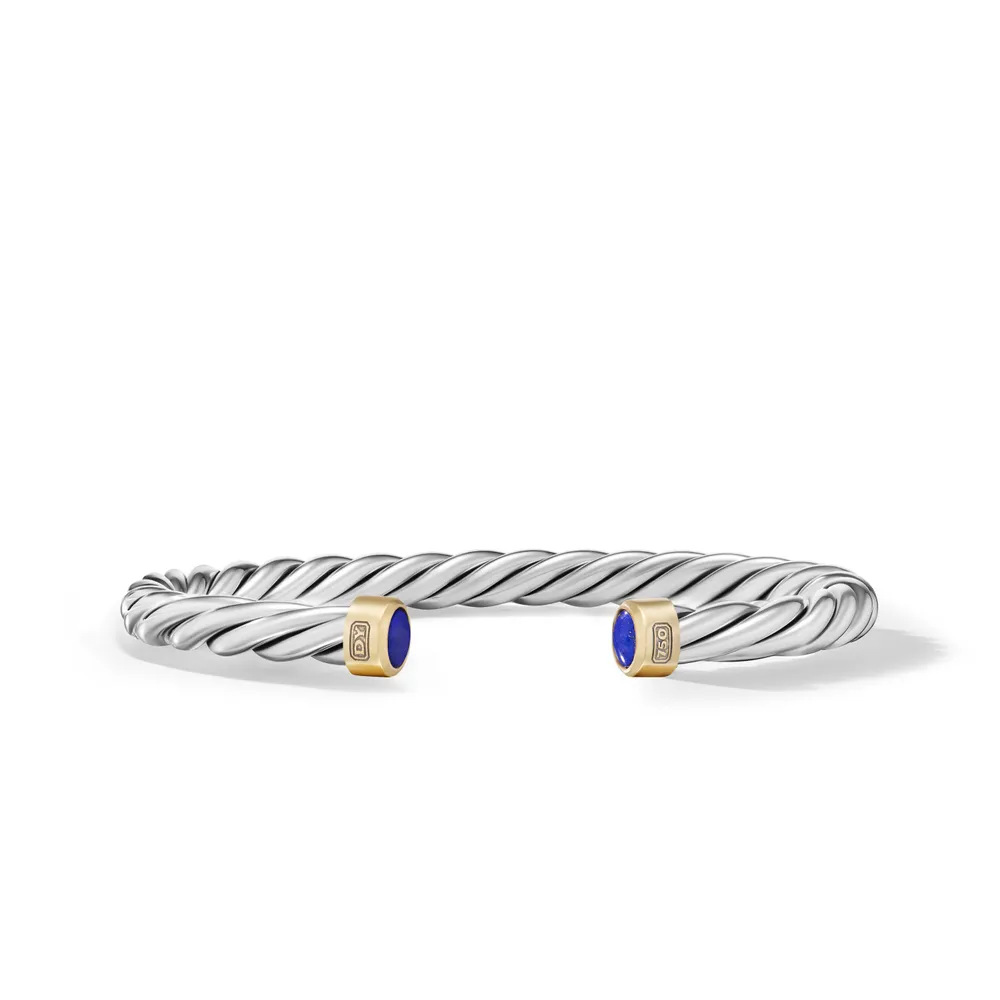 Cable Cuff Bracelet in Sterling Silver with 18K Yellow Gold and Lapis