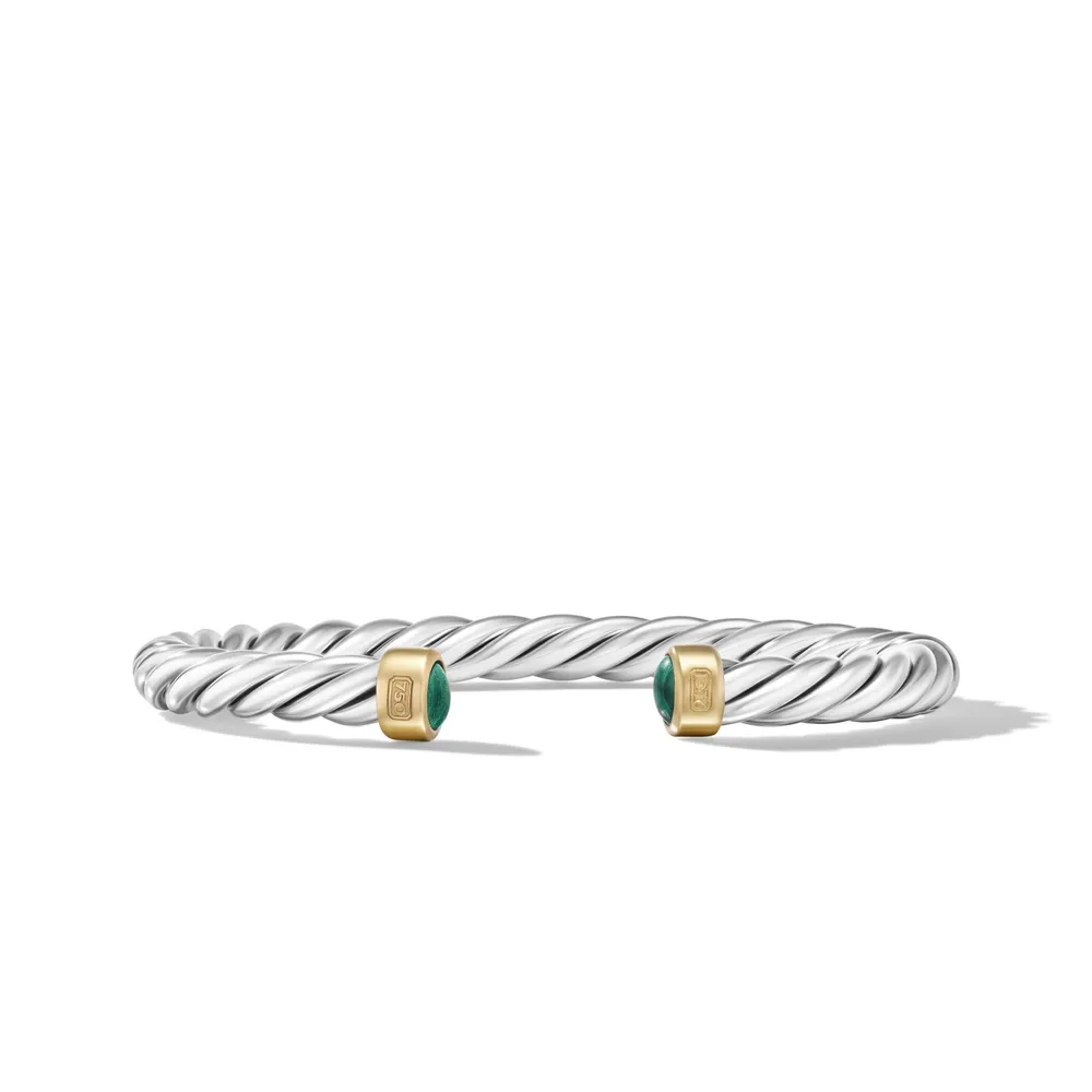 Cable Cuff Bracelet in Sterling Silver with 18K Yellow Gold and Malachite