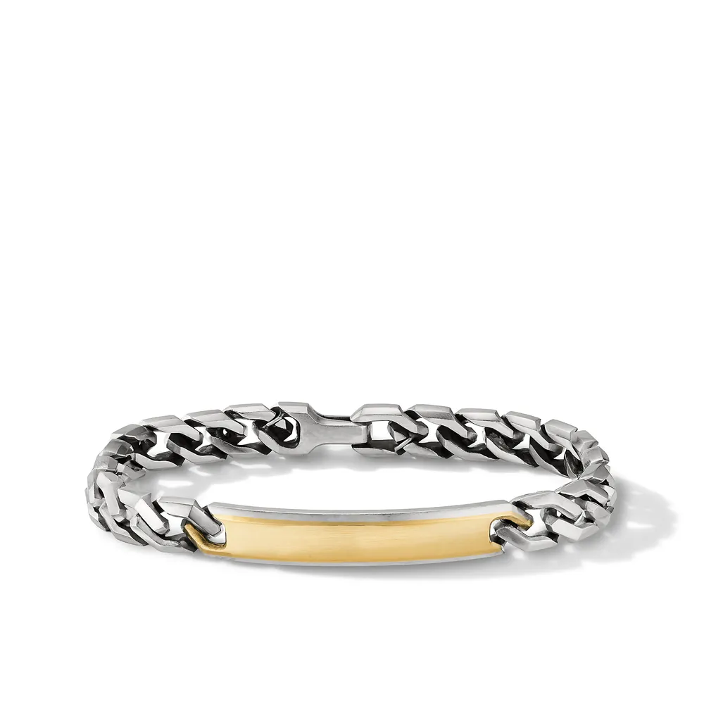 Curb Chain Angular Link ID Bracelet in Sterling Silver with 18K Yellow Gold