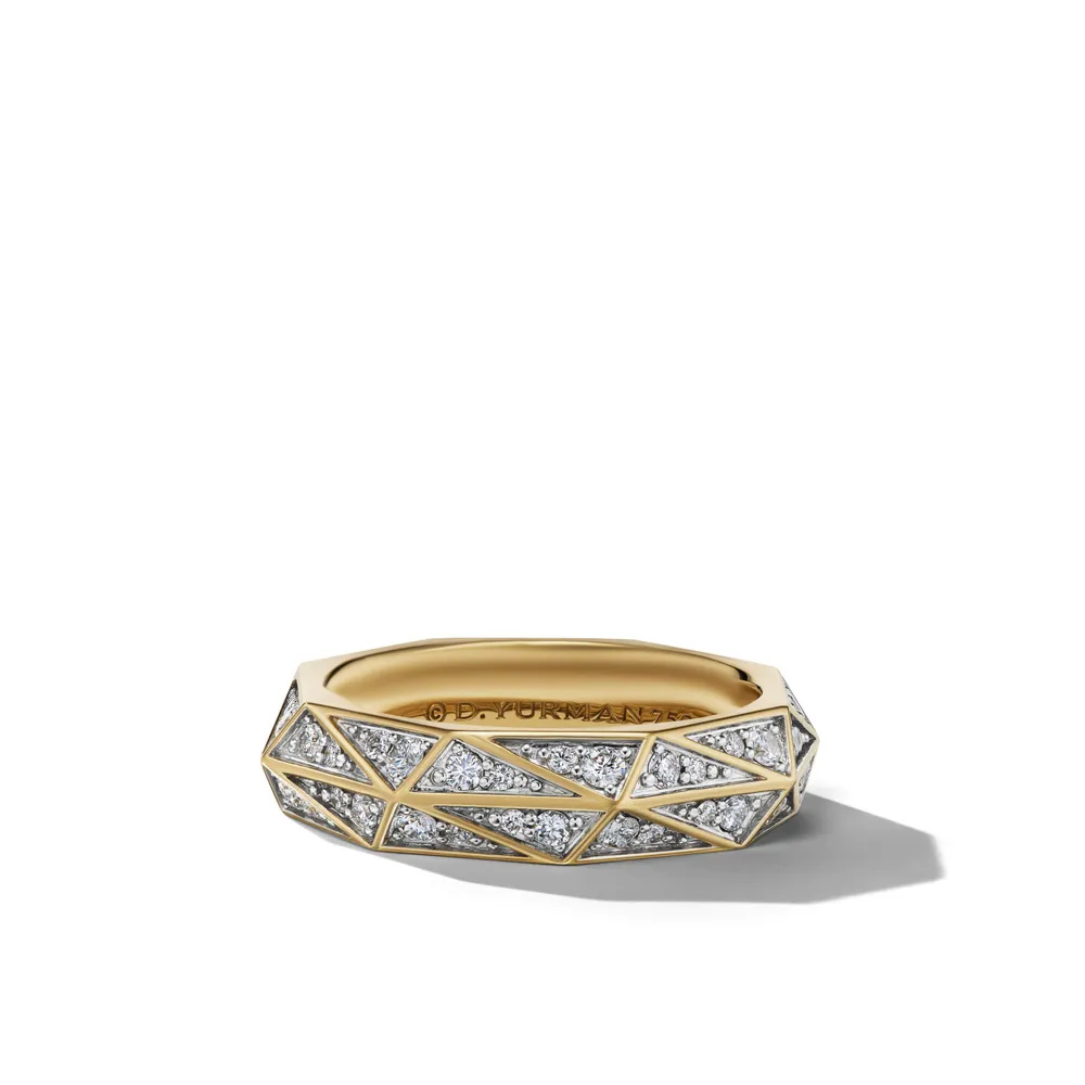 Torqued Faceted Band Ring in 18K Yellow Gold with Pavé Diamonds