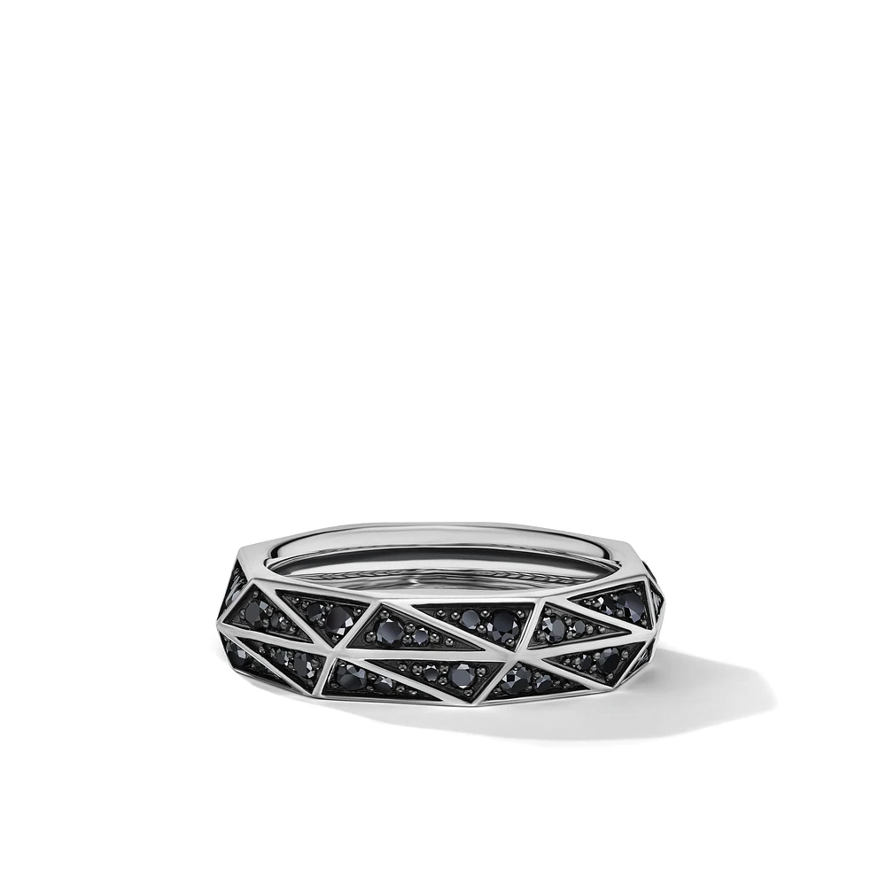 Torqued Faceted Band Ring in Sterling Silver with Pavé Black Diamonds