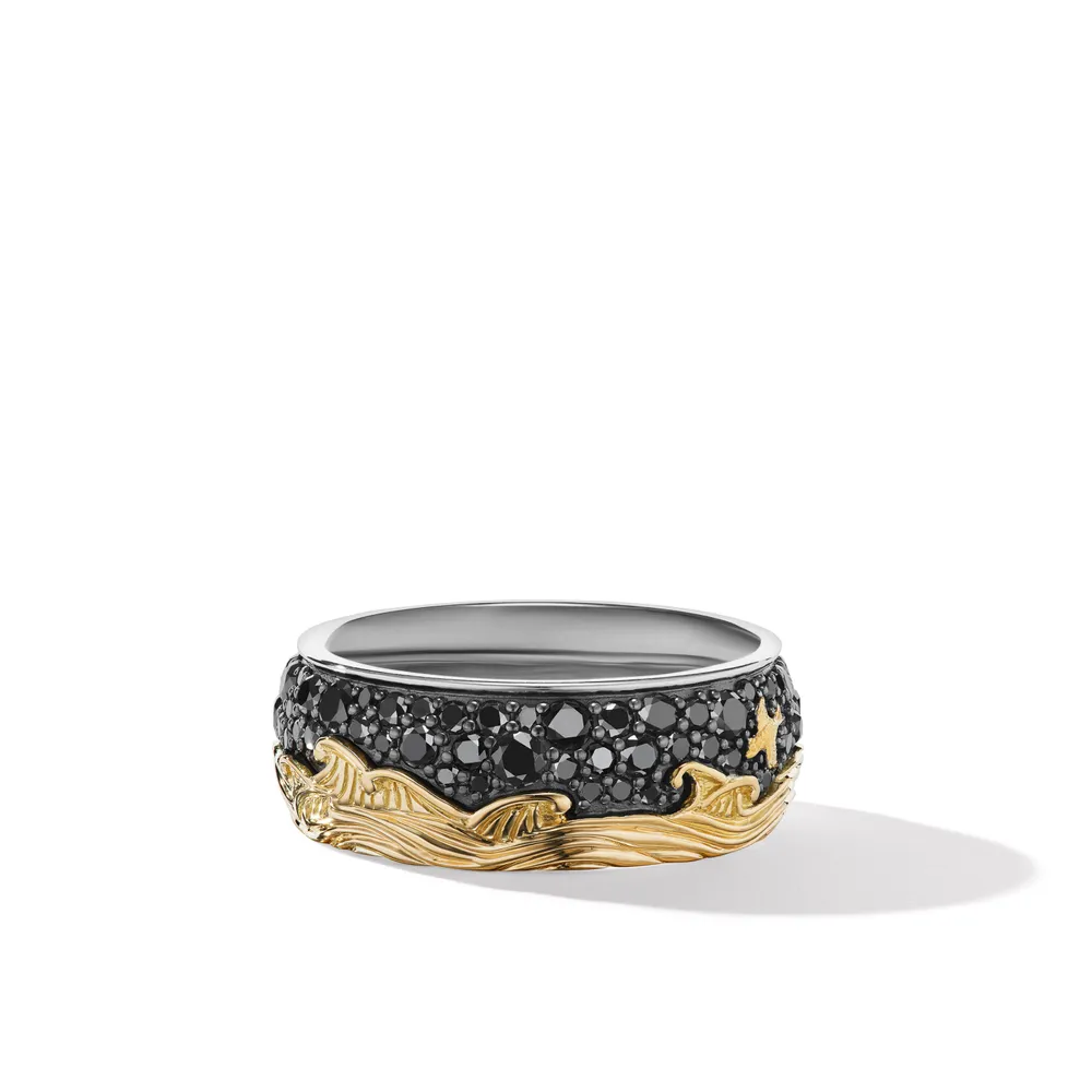 Waves Band Ring in Sterling Silver with 18K Yellow Gold and Pavé Black Diamonds