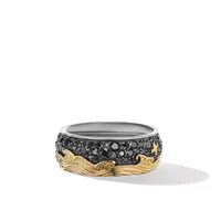 Waves Band Ring in Sterling Silver with 18K Yellow Gold and Pavé Black Diamonds