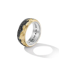 Waves Band Ring in Sterling Silver with 18K Yellow Gold and Pavé Black Diamonds